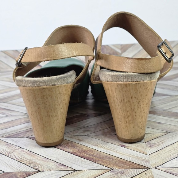 Dansko Thea Wooden Sandals Size 40 US 9 Green Tan Leather Clogs Mary Jane Heels - Picture 5 of 9